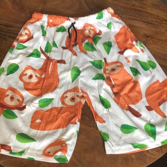Eionryn Sloth Leaves Men's Swim Trunks Beach Shorts Quick Dry w/3 Pockets sz L - Picture 1 of 7